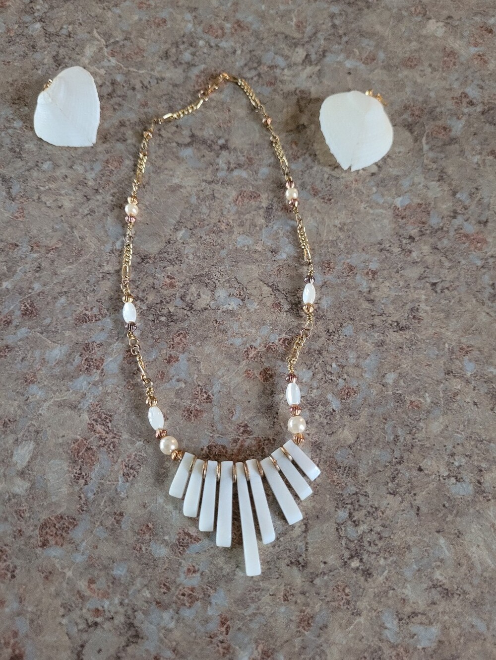 Gold Tone Chain Necklace with White Charm. Includes Sea Shell Earrings